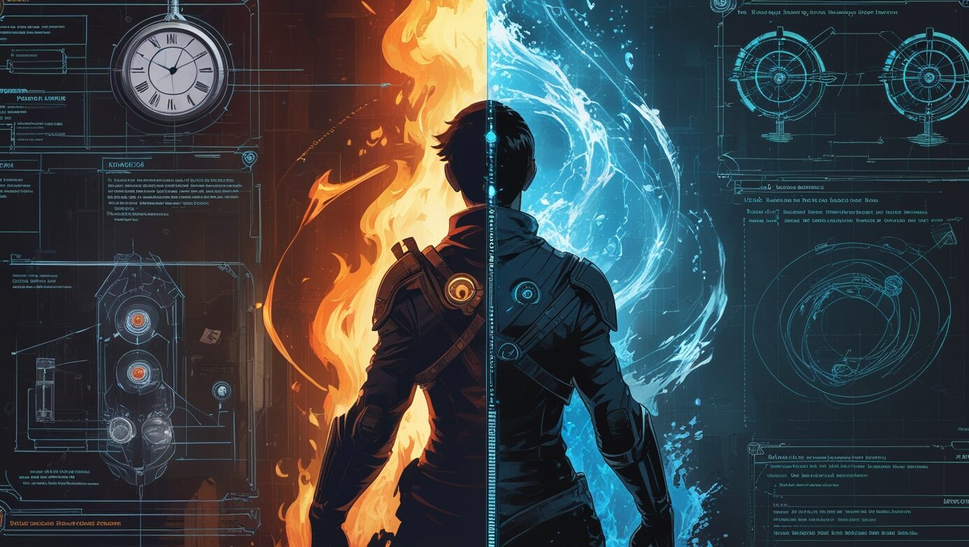 A stylized image of a figure split between fire and ice, featuring diagrams and a clock, suggesting duality and power.